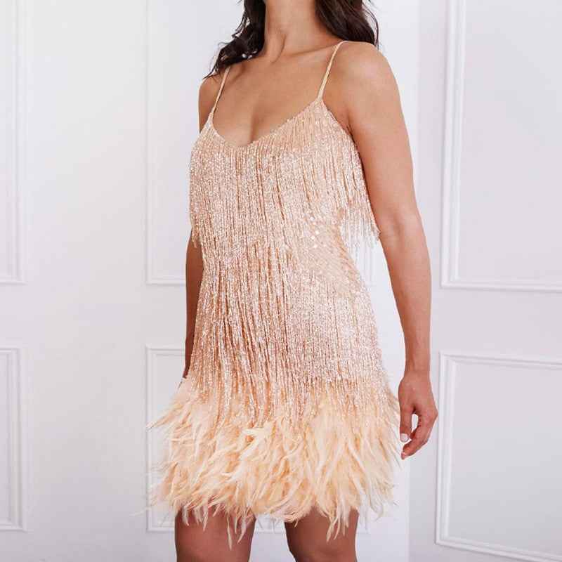 Women’s Sequin Feather Tassel Mini Dress – V-Neck Spaghetti Strap Evening Party Dress-2