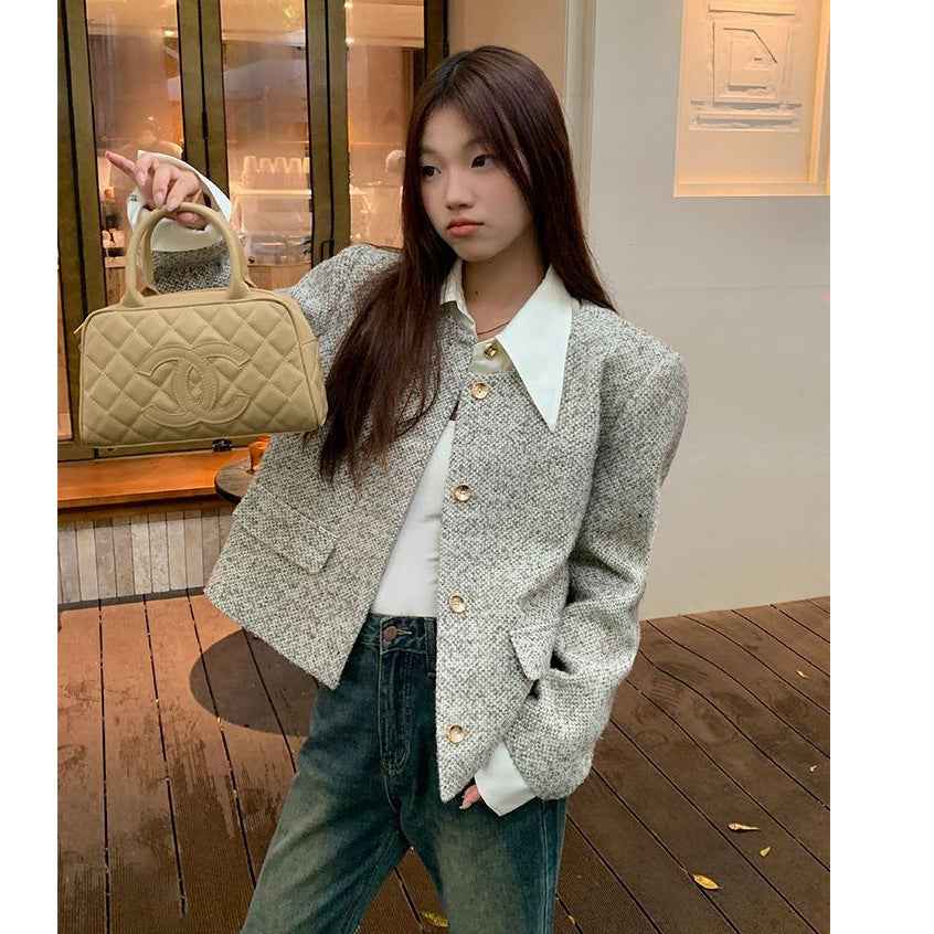 Women's Trendy Vintage Tweed Button-Up Long-Sleeve Top-5