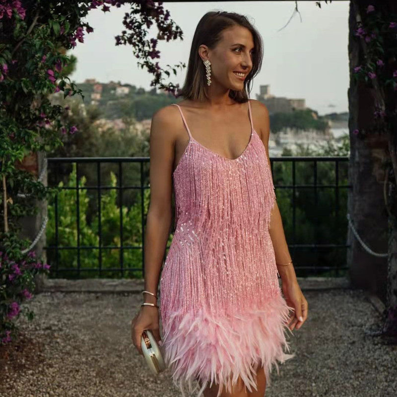 Women’s Sequin Feather Tassel Mini Dress – V-Neck Spaghetti Strap Evening Party Dress-5