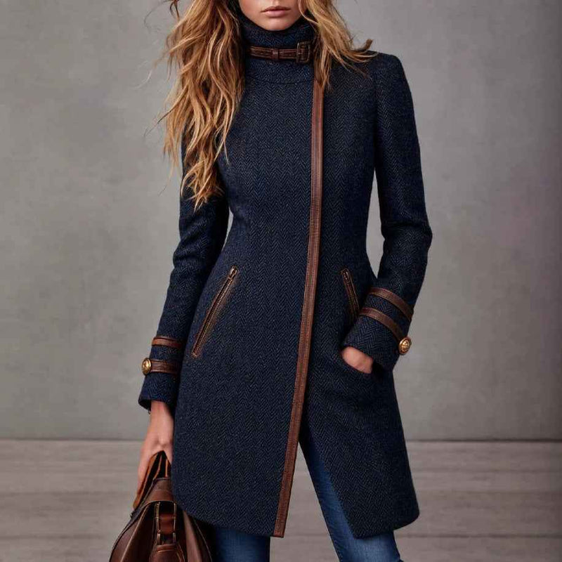 Women’s Mid-Length Herringbone Tweed Coat – Side-Zip Wool-Blend Jacket-1