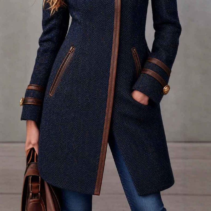 Women’s Mid-Length Herringbone Tweed Coat – Side-Zip Wool-Blend Jacket-3