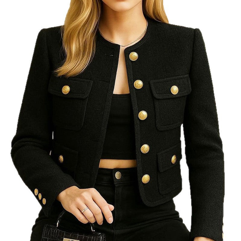 Women’s Wool Blend Short Jacket – Round Neck Solid Color Casual Lightweight Coat-2