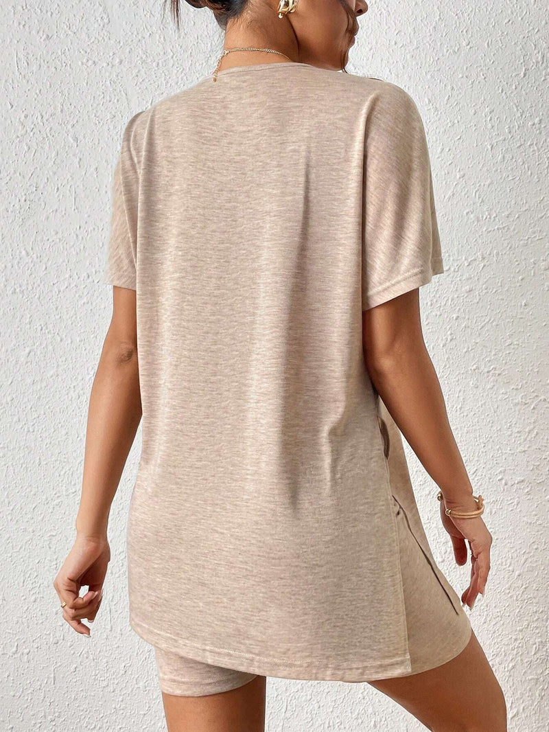 Women's Casual Solid Color Batwing Sleeve Tunic Top & Shorts Two-Piece Set-13
