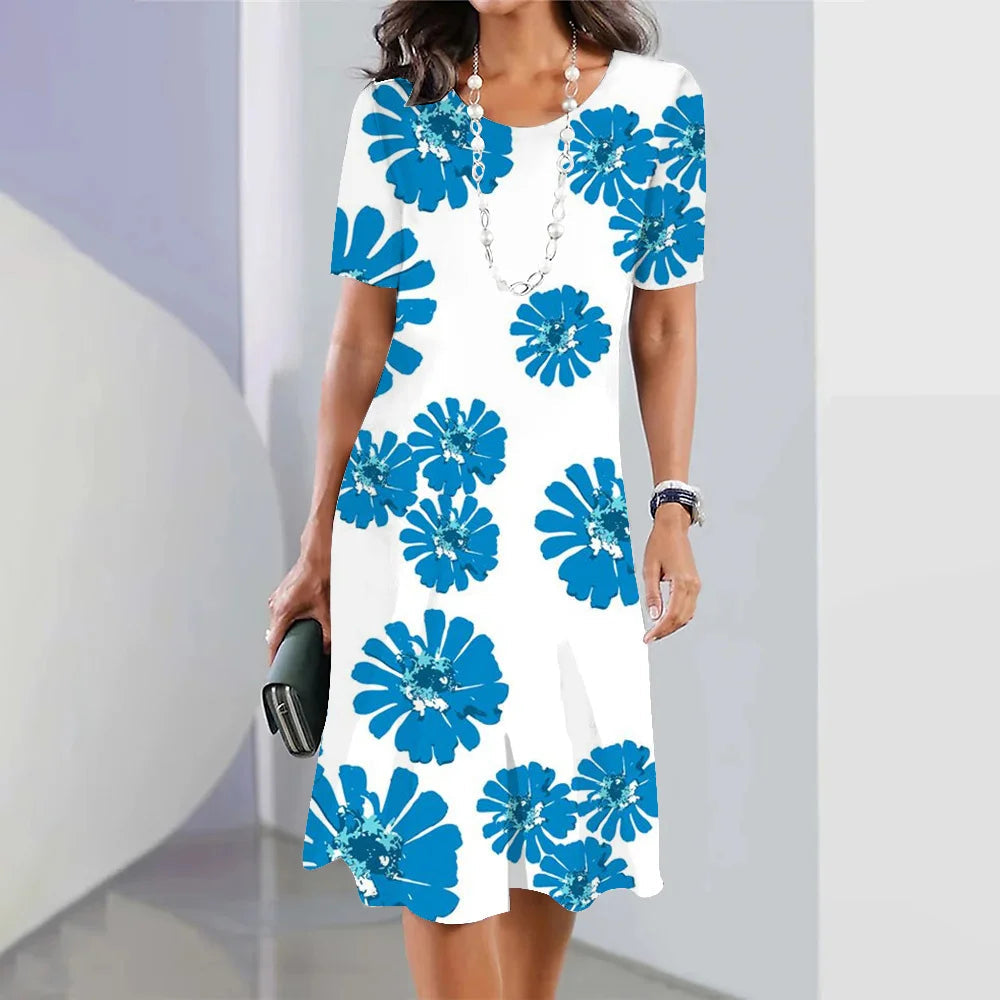 Women’s 3D Floral Print Party Dress – Blue Round-Neck Sleeveless Elegant Dress-11