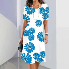 Women’s 3D Floral Print Party Dress – Blue Round-Neck Sleeveless Elegant Dress-11
