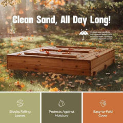 Play22 - Cedar Wood Kids Sandbox with Foldable Bench Seats - Ages 4+-6