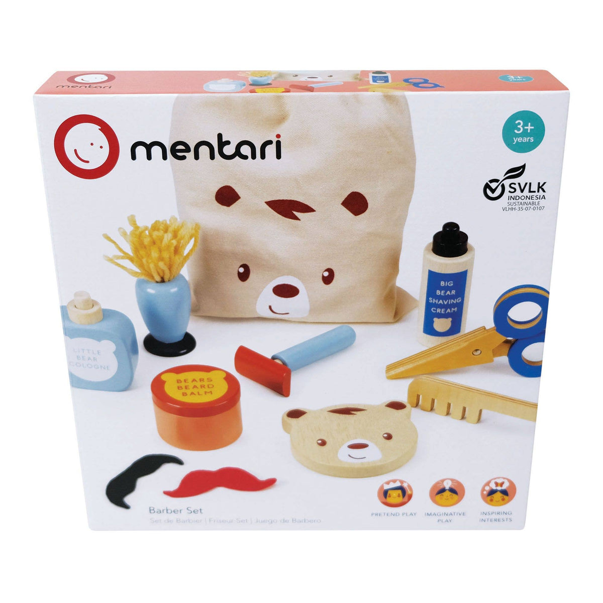 Mentari Toys Wooden Barber Set - Pretend Play Shaving Set - Ages 3+-5