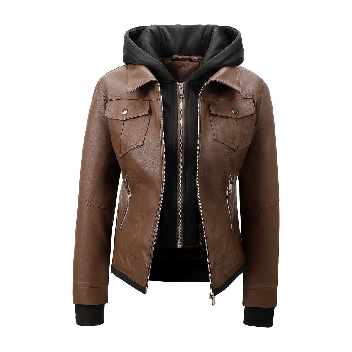 Women’s Faux Leather Biker Jacket with Detachable Hood – Slim-Fit Waist-Cinching Motorcycle Coat-5