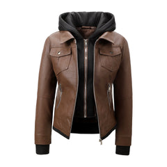 Women’s Faux Leather Biker Jacket with Detachable Hood – Slim-Fit Waist-Cinching Motorcycle Coat-5