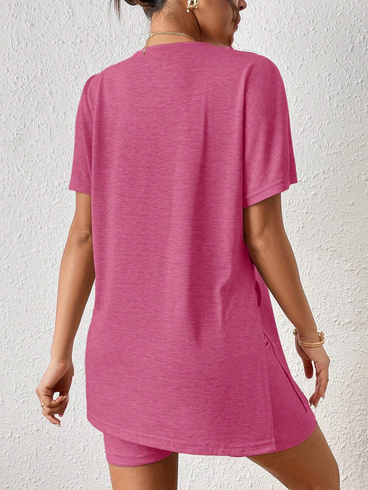 Women's Casual Solid Color Batwing Sleeve Tunic Top & Shorts Two-Piece Set-6