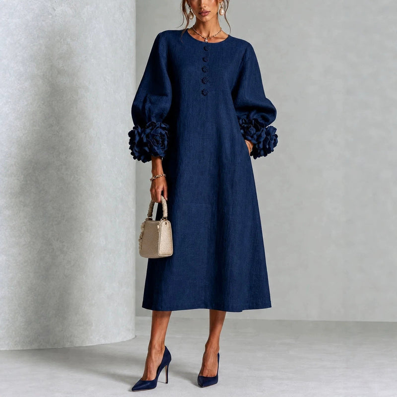 Women’s 3D Floral A-Line Dress – Puff Sleeve French-Style Party & Wedding Dress-3