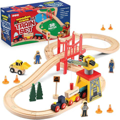 Play22 - 38-Piece Wooden Train Crane and Bridge Set - Ages 2+-1
