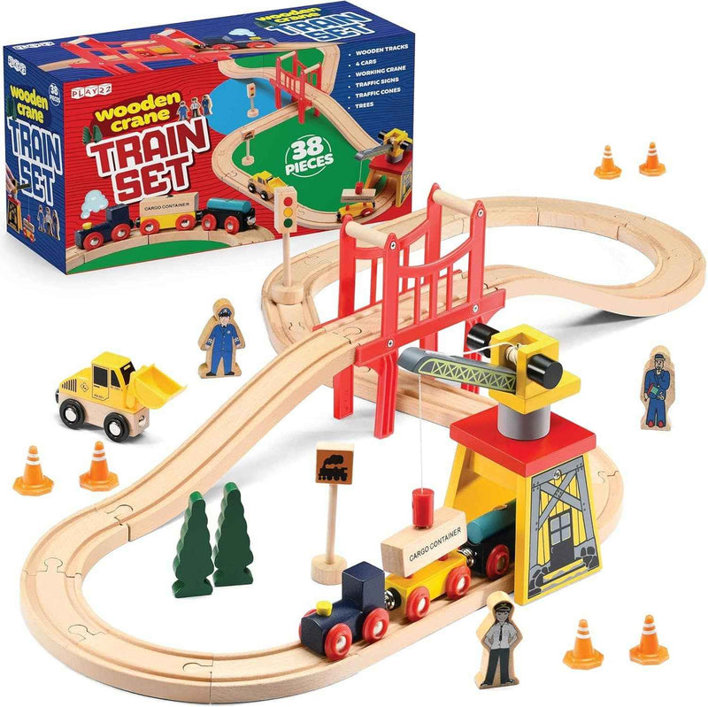Play22 - 38-Piece Wooden Train Crane and Bridge Set - Ages 2+-1