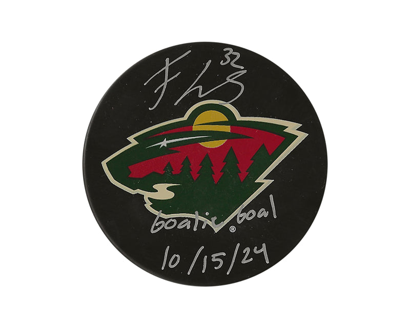 Filip Gustavsson Autographed Minnesota Wild Souvenir Puck Inscribed "Goalie Goal"-1