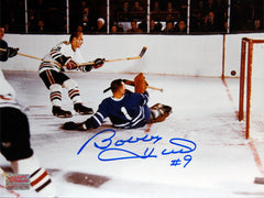 Bobby Hull Scores on Johnny Bower Signed 8x10 Photograph-1
