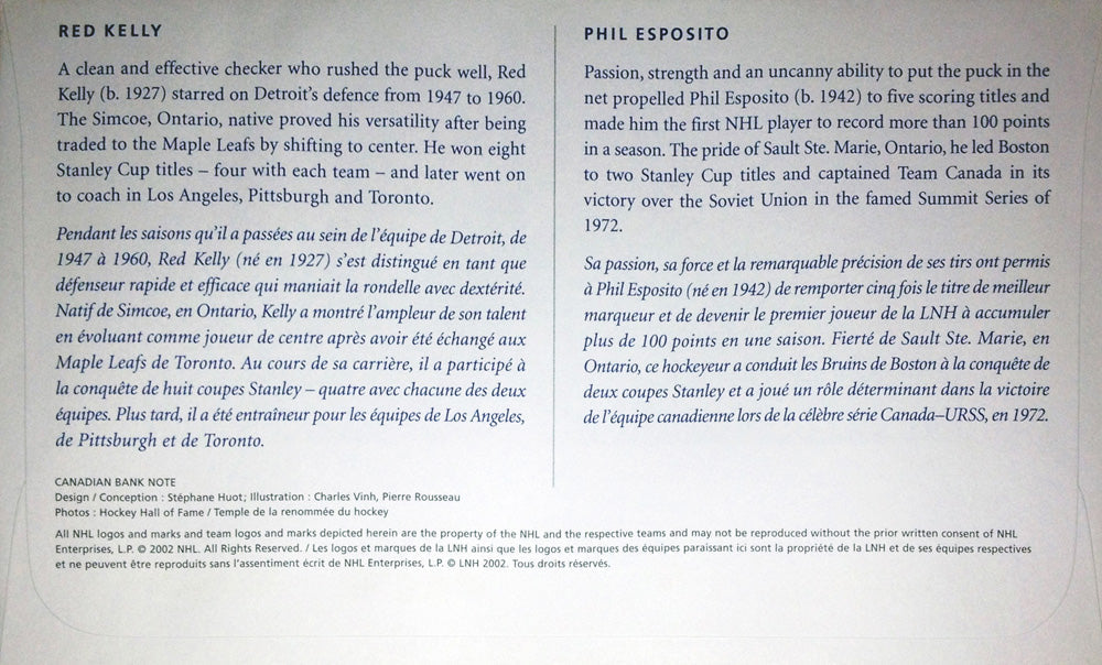 Red Kelly & Phil Esposito 2002 Day of Issue Stamp Set-2
