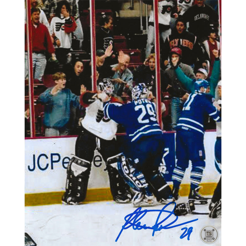 Felix Potvin Autographed Toronto Maple Leafs Goalie Fight vs Hextall 8x10 Photo-1