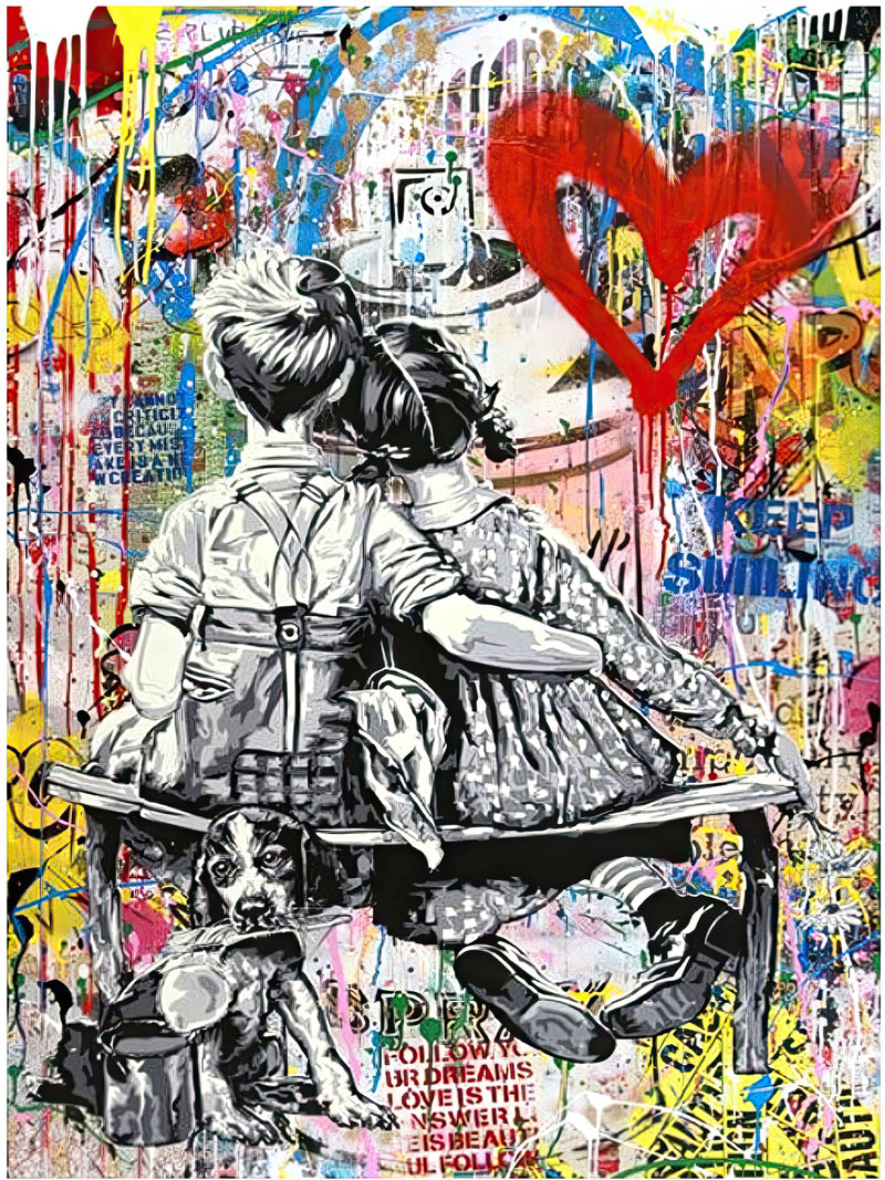 Banksy Cuddles on the Bench with Dog & Red Heart (33.5x23.5)-1