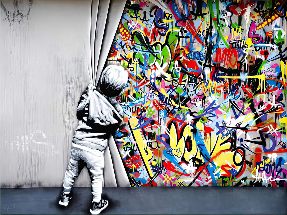 Banksy Opening the Curtain Street Art Canvas Print (33.5x23.5)-1