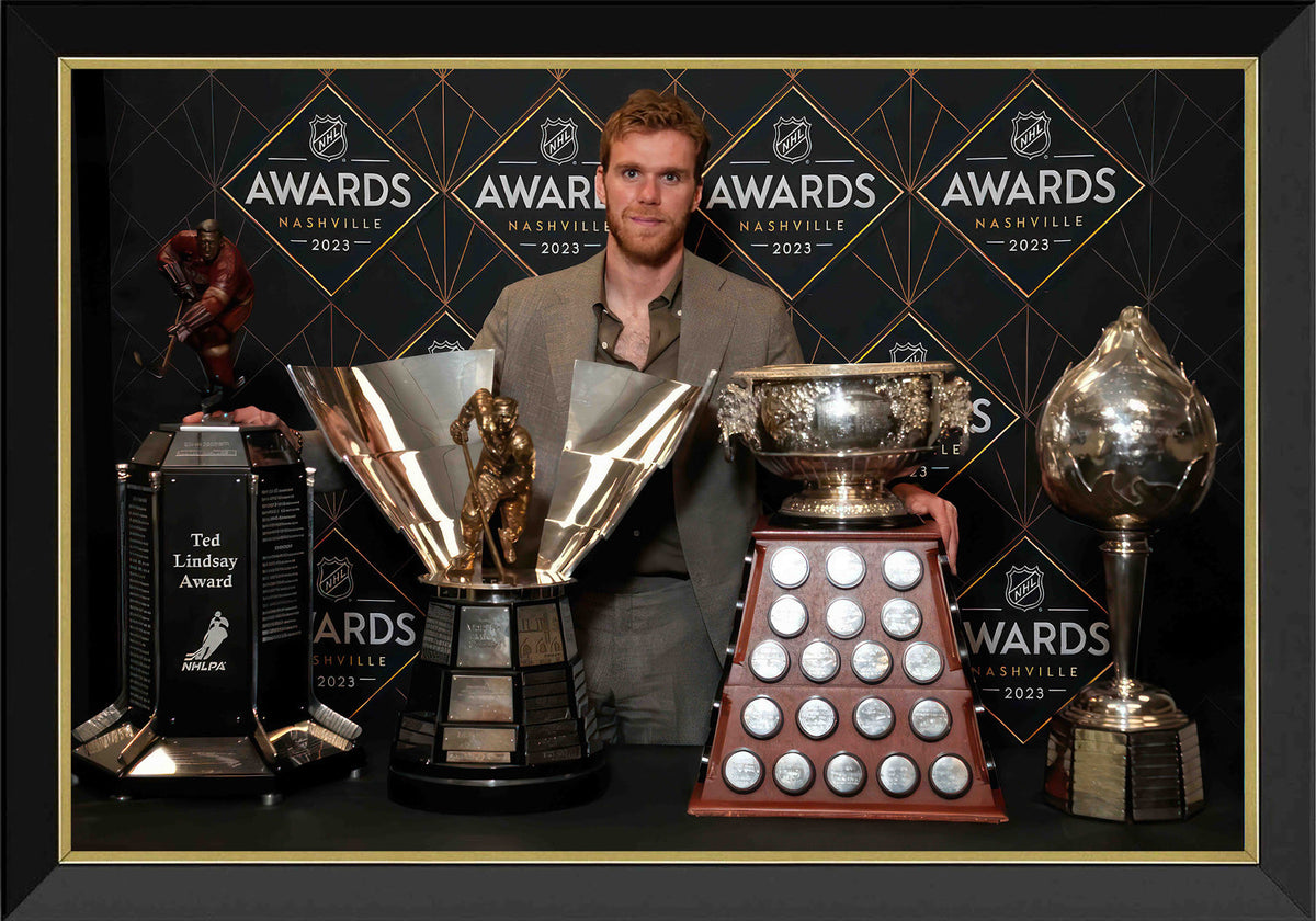 Connor McDavid NHL Trophy Wins Framed Canvas (33.5x23.5)-1