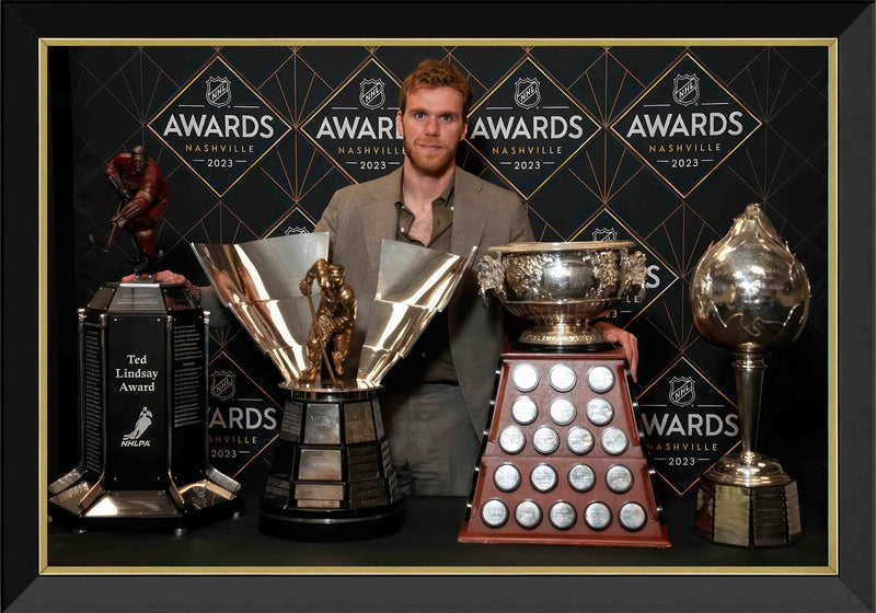 Connor McDavid NHL Trophy Wins Framed Canvas (33.5x23.5)-1