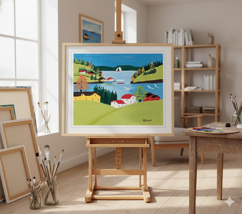Maud Lewis “Digby Harbour” Folk Art Framed Print (24x28)-2