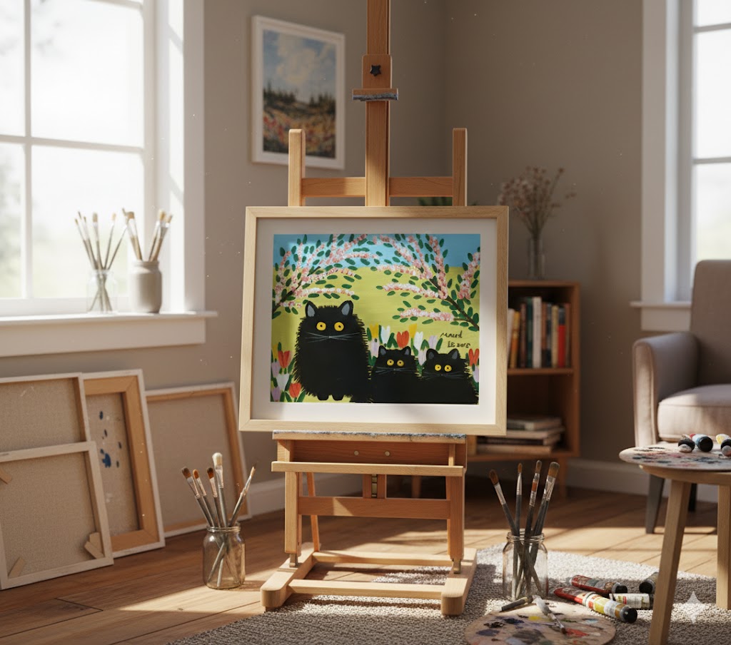 Maud Lewis “Three Black Cats” Folk Art Framed Print (24x28)-2
