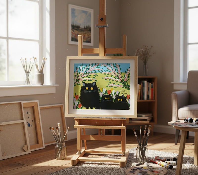 Maud Lewis “Three Black Cats” Folk Art Framed Print (24x28)-2