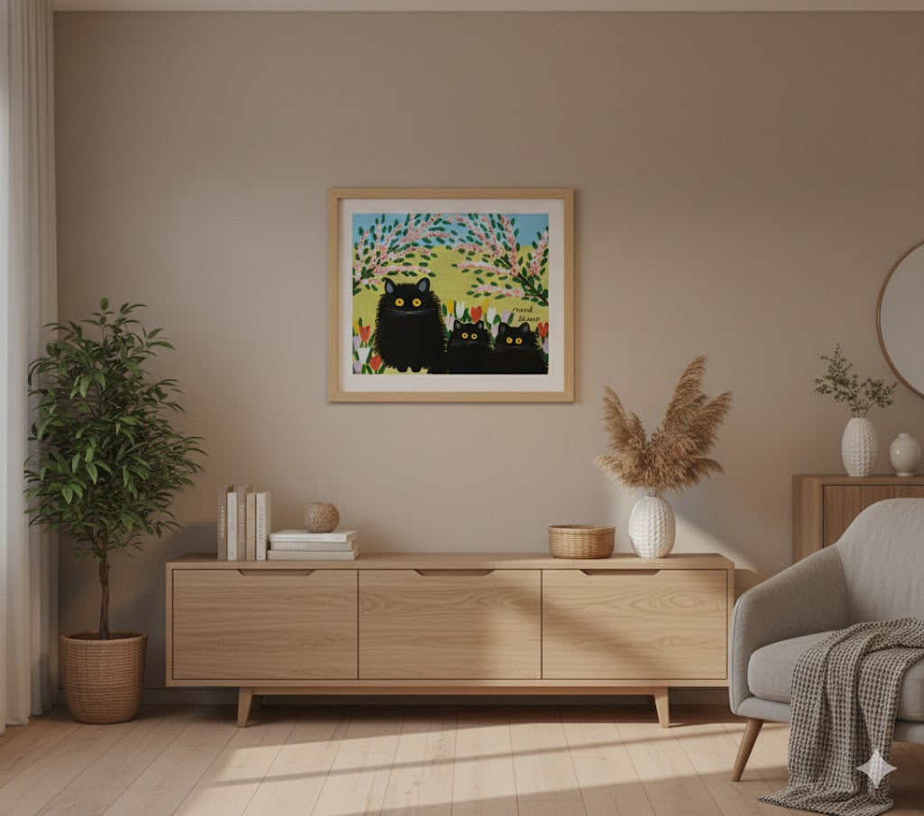 Maud Lewis “Three Black Cats” Folk Art Framed Print (24x28)-4