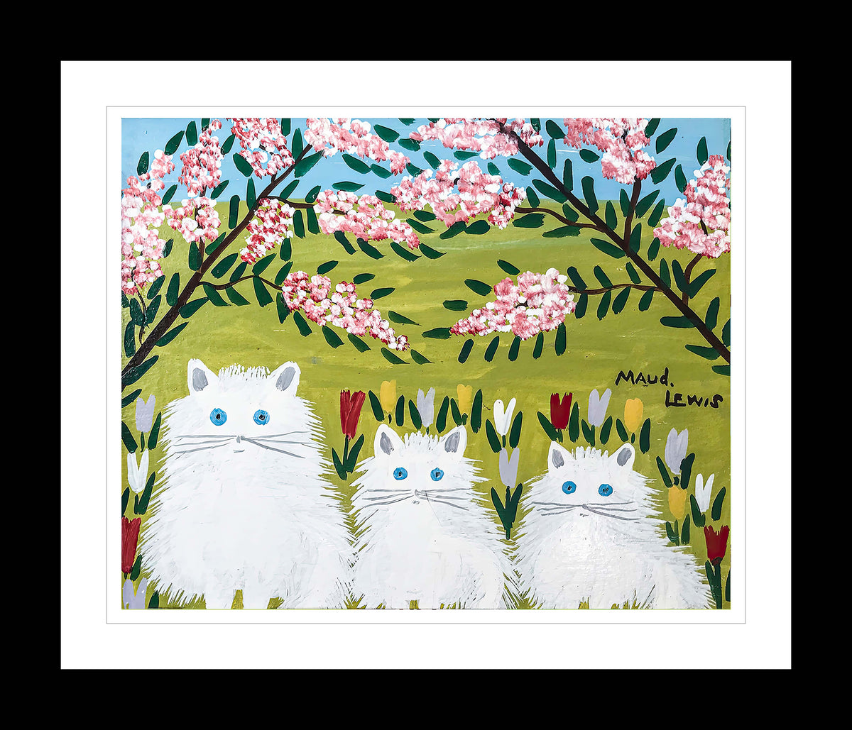 Maud Lewis “Three White Cats” Folk Art Framed Print (24x28)-1