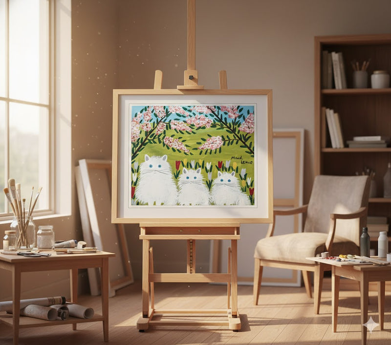 Maud Lewis “Three White Cats” Folk Art Framed Print (24x28)-2