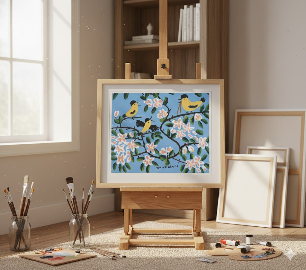 Maud Lewis “Yellow Birds” Folk Art Framed Print (24x28)-2
