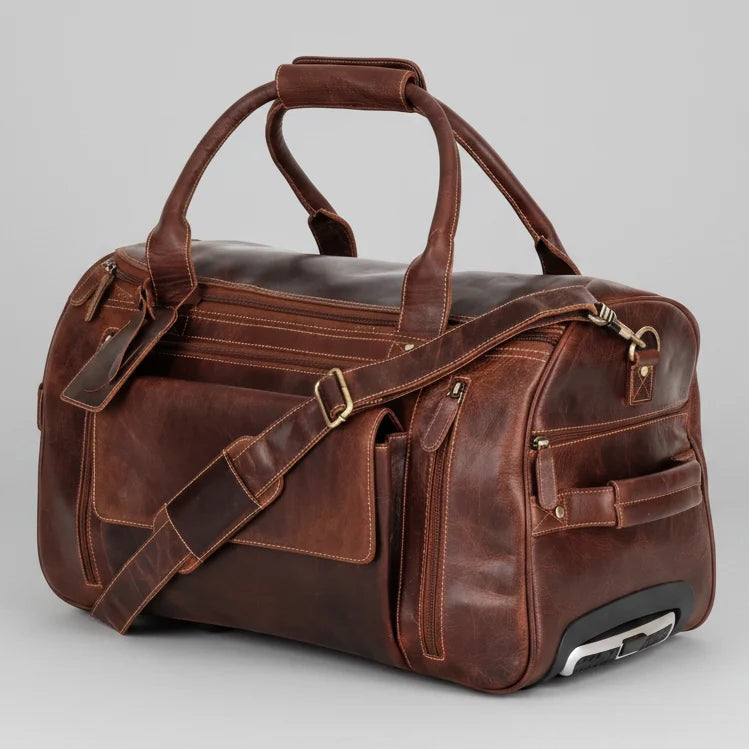 Greenwood Leather Wheeled Duffel Bag. Vintage Sandel Travel Trolley-3