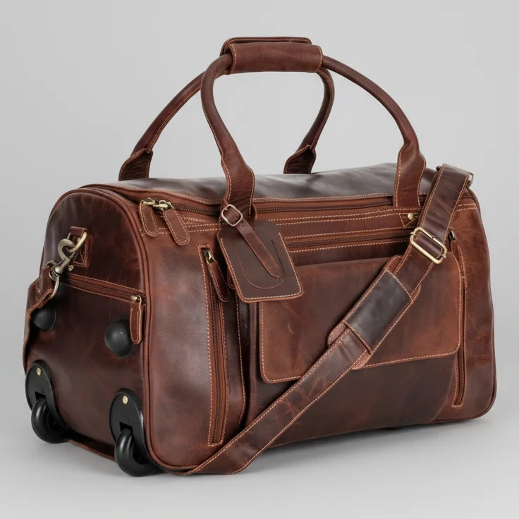 Greenwood Leather Wheeled Duffel Bag. Vintage Sandel Travel Trolley-2