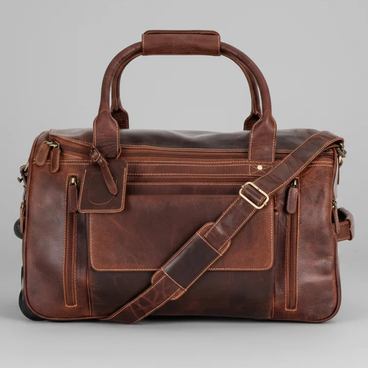 Greenwood Leather Wheeled Duffel Bag. Vintage Sandel Travel Trolley-1