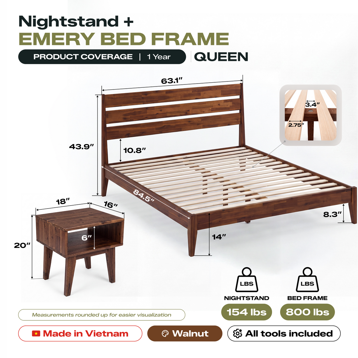 [Buy 1 Get 1] Emery Solid Wood Bed Frame & Nightstand-19