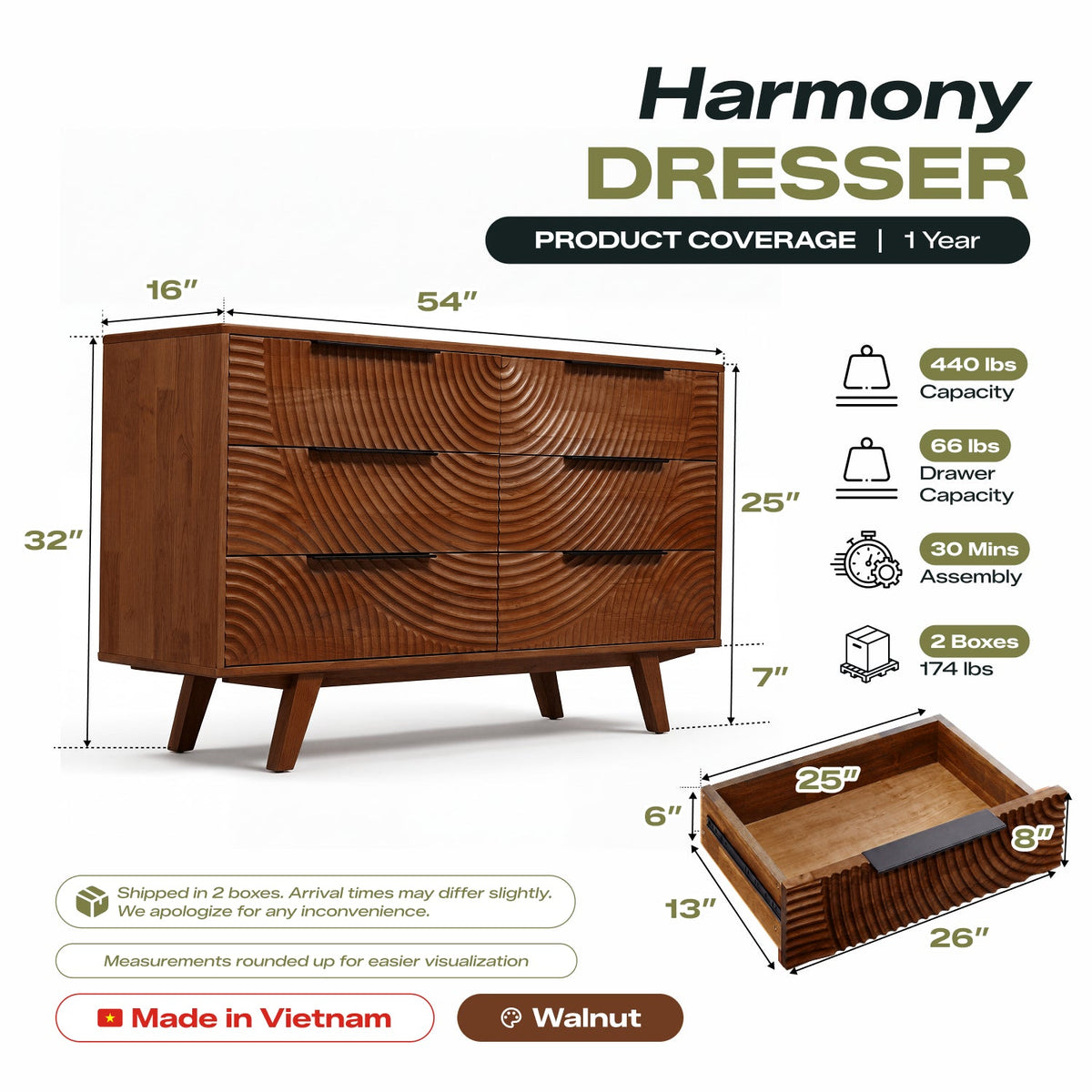 Harmony Solid Wood Dresser with 6 Drawers-3
