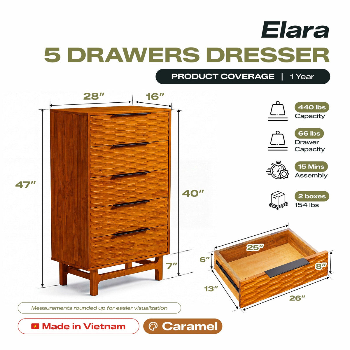 Cómoda Elara de madera maciza con 5 cajones-13