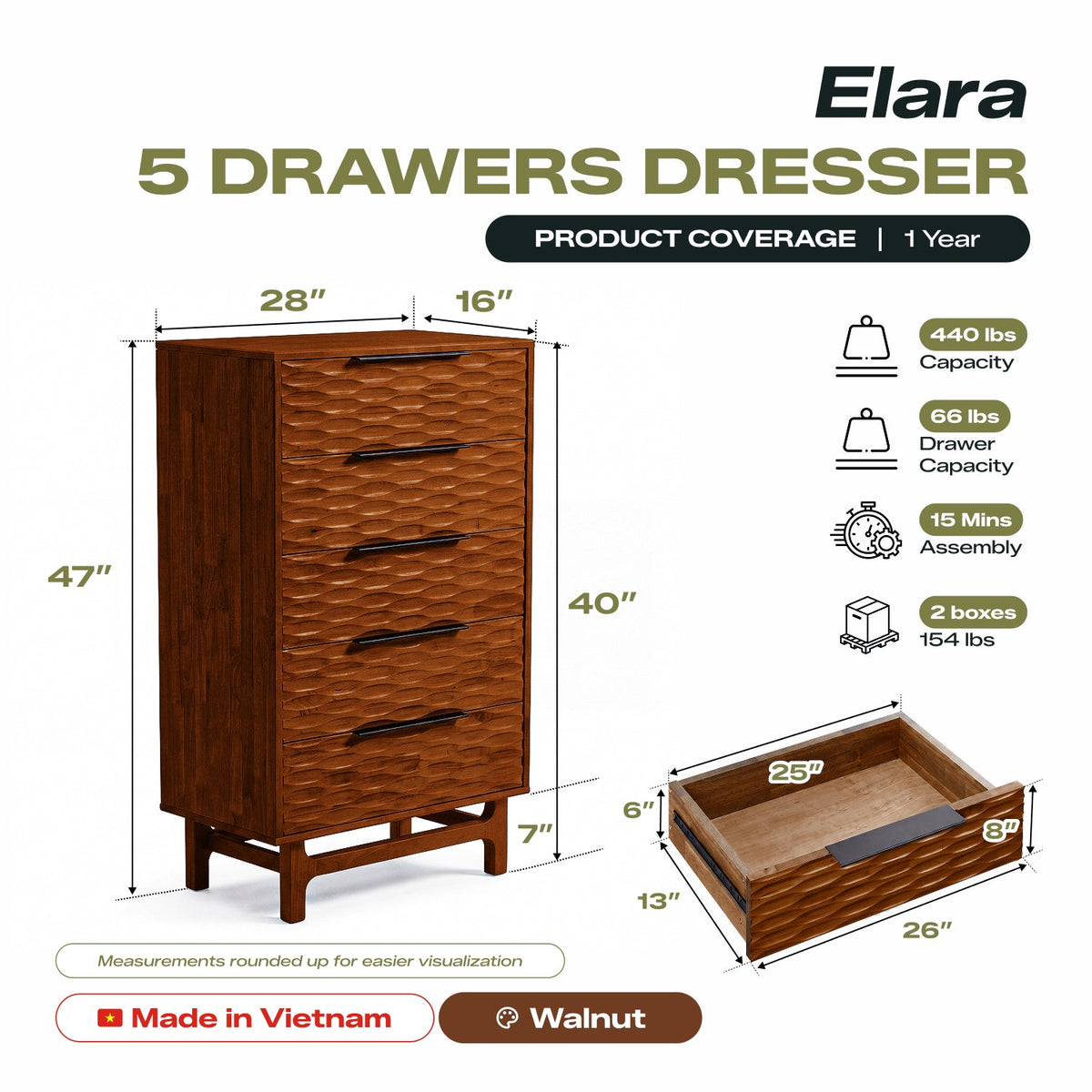Cómoda Elara de madera maciza con 5 cajones-3