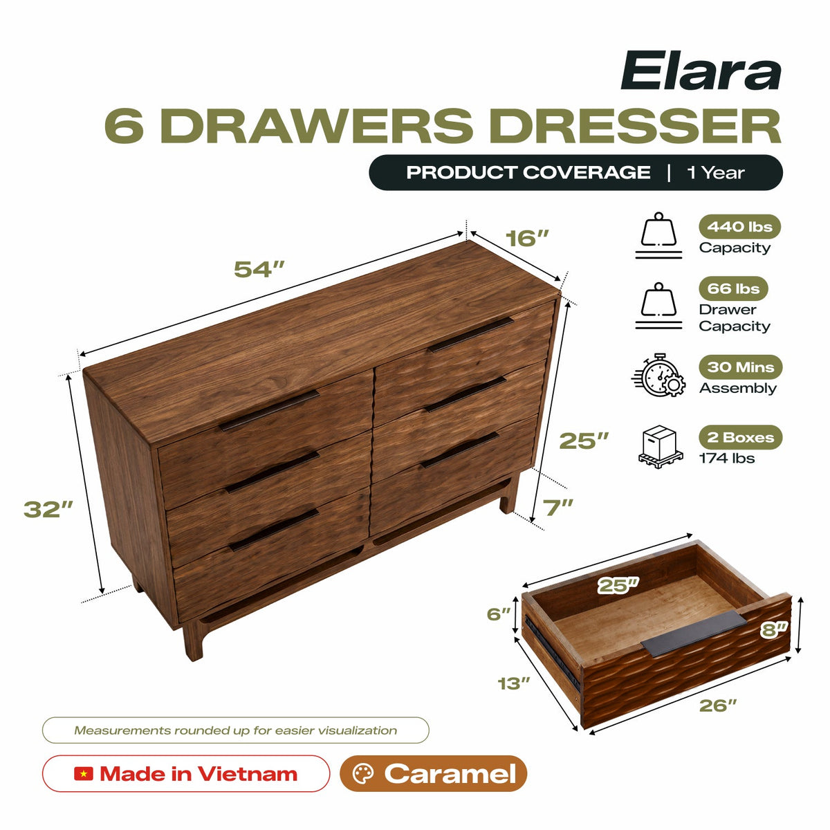 Elara Solid Wood Dresser with 6 Drawers-3