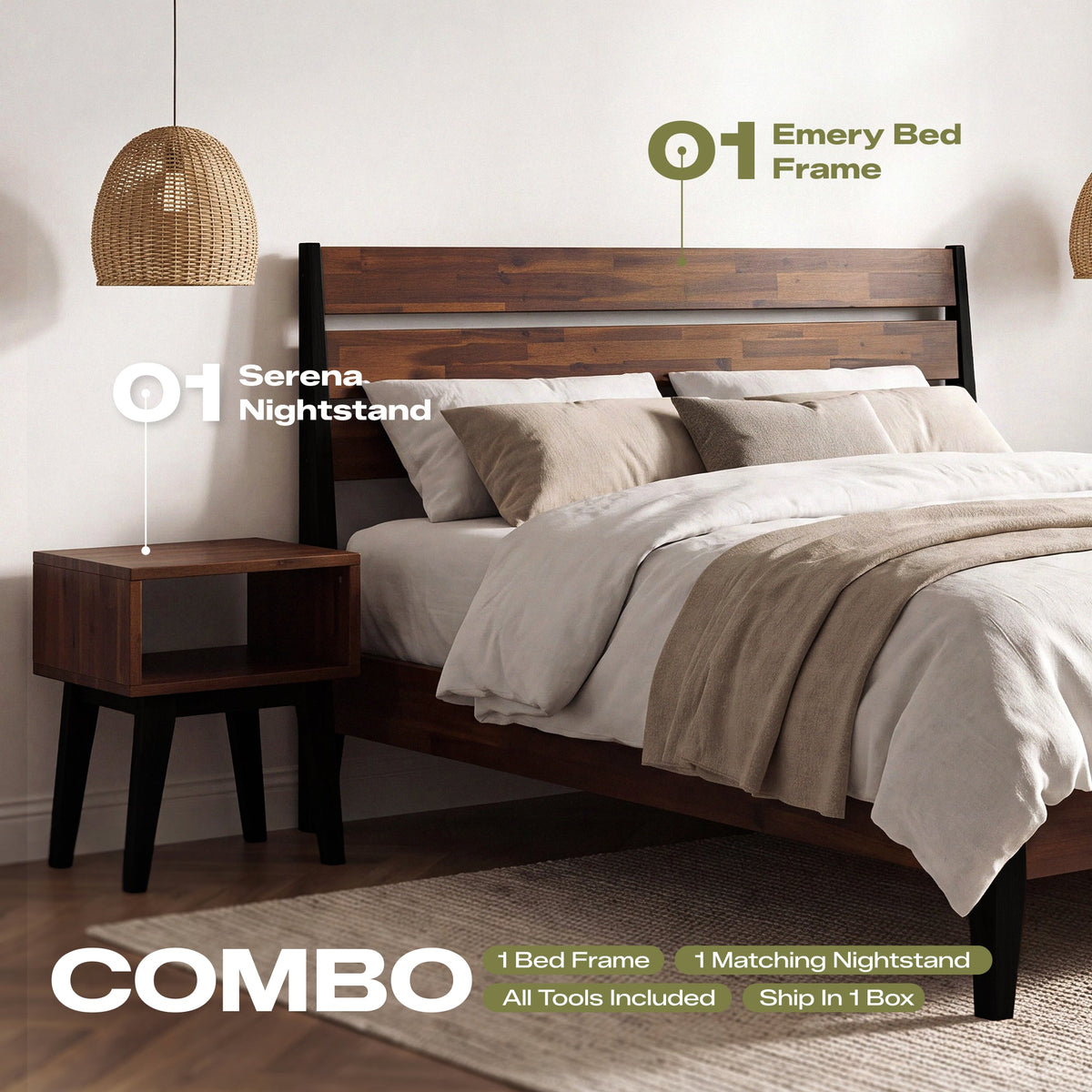 [Buy 1 Get 1] Emery Solid Wood Bed Frame & Nightstand-3