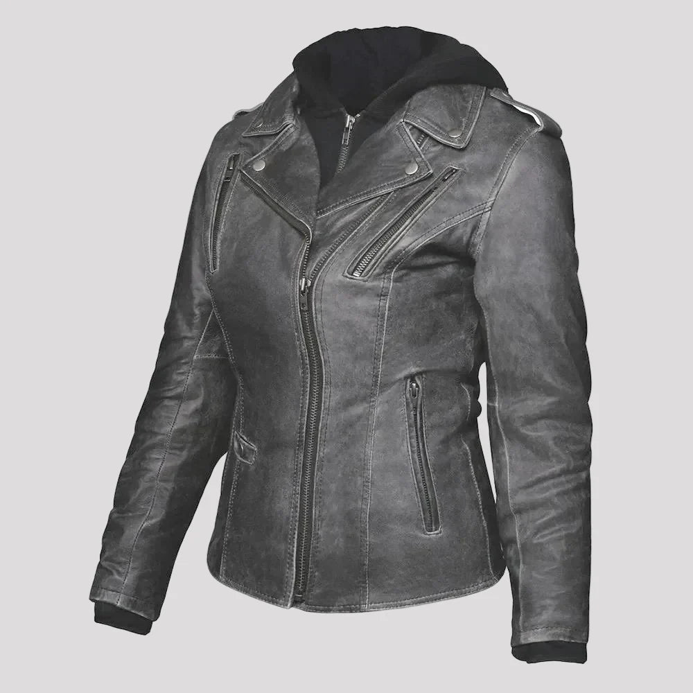 Open Road Women's Hooded Classic Leather Motorcycle Jacket-9