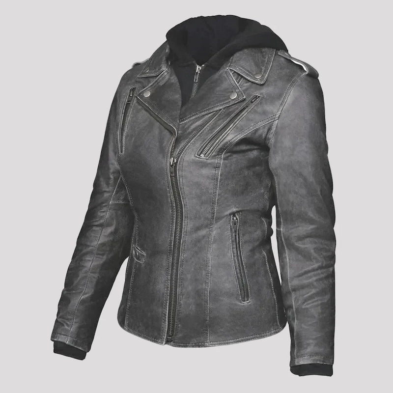 Open Road Women's Hooded Classic Leather Motorcycle Jacket-9