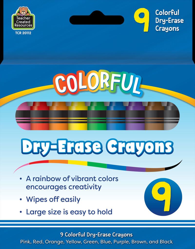 Teacher Created Resources - Colorful Dry-Erase Crayons, 9 Vibrant Colors for Creative Learning - Ages 3+-1