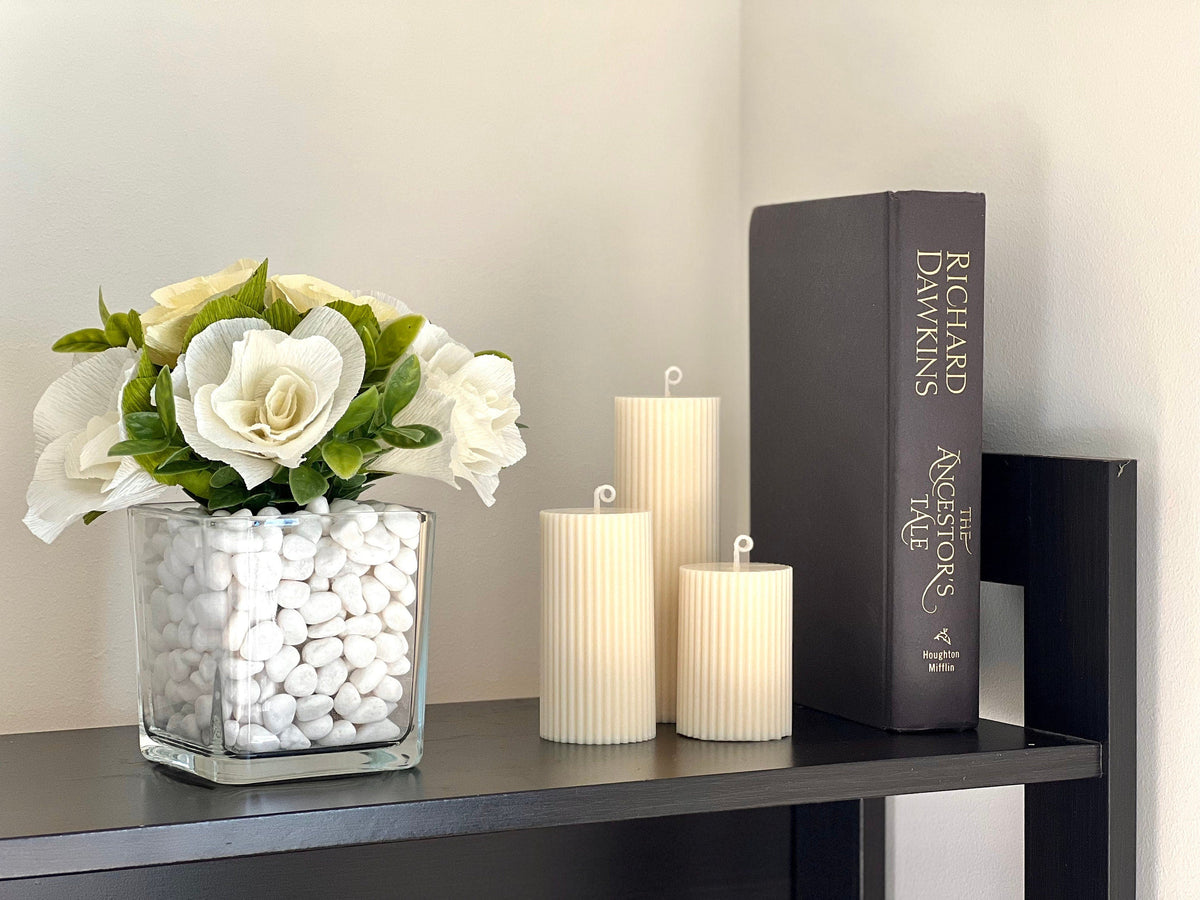 Soy Wax Ribbed Pillar Candle Set | Unscented Decorative Candles-2