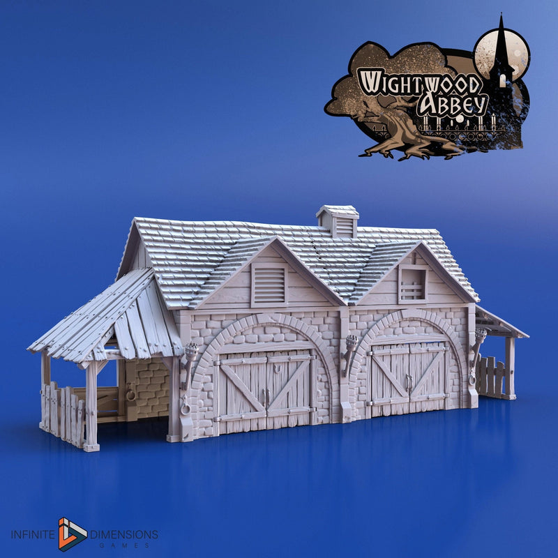 Wightwood Abbey Stables Miniature Building - DnD, Wargaming, Model Train | Terrain | Town | Village | Animal | Farm | 28mm | Prop | Barn-1