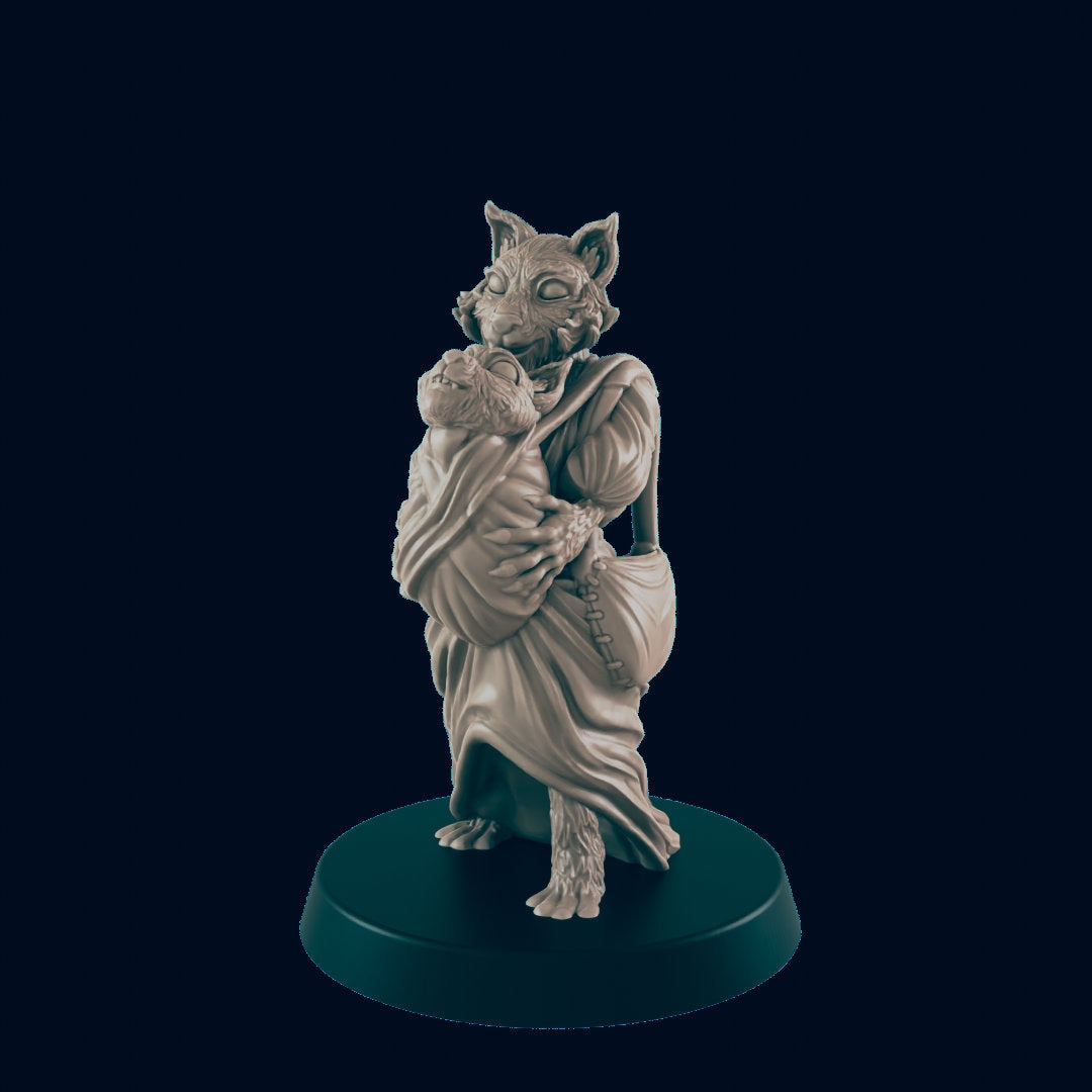 Catfolk Female Mother and Child - EC3D | DnD | Catfolk | Villager | Commoner | 32mm | Pathfinder | Frostgrave | TTRPG | Wargaming