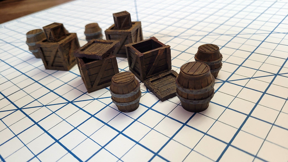 Crates and Barrel Scatter Terrain | D&D Scenery | Tabletop Terrain | Small Crates | Small Barrels | Miniatures | Dungeons and Dragons-3