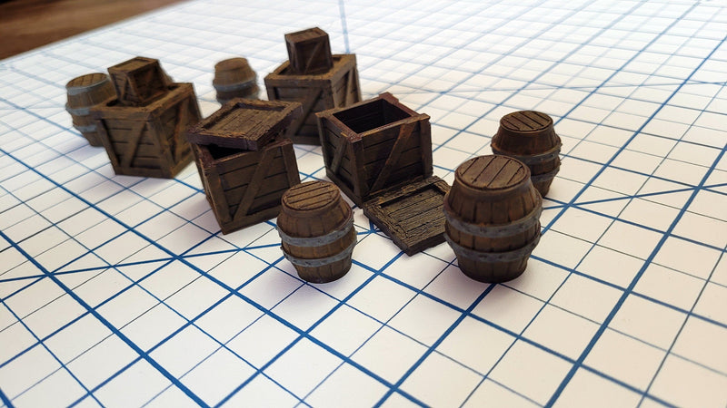 Crates and Barrel Scatter Terrain | D&D Scenery | Tabletop Terrain | Small Crates | Small Barrels | Miniatures | Dungeons and Dragons-3