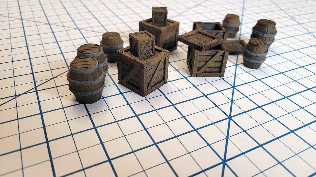 Crates and Barrel Scatter Terrain | D&D Scenery | Tabletop Terrain | Small Crates | Small Barrels | Miniatures | Dungeons and Dragons-4